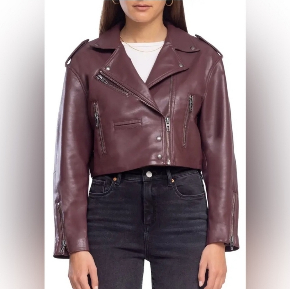BLANK NYC Faux Leather Head Over Heels Burgundy plum Crop Moto Jacket Sz XS